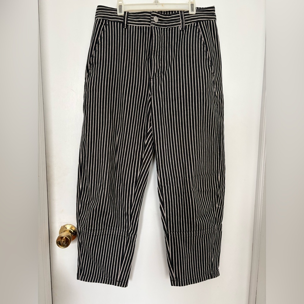 Everlane utility barrel pants navy and white railroad stripe size 8
